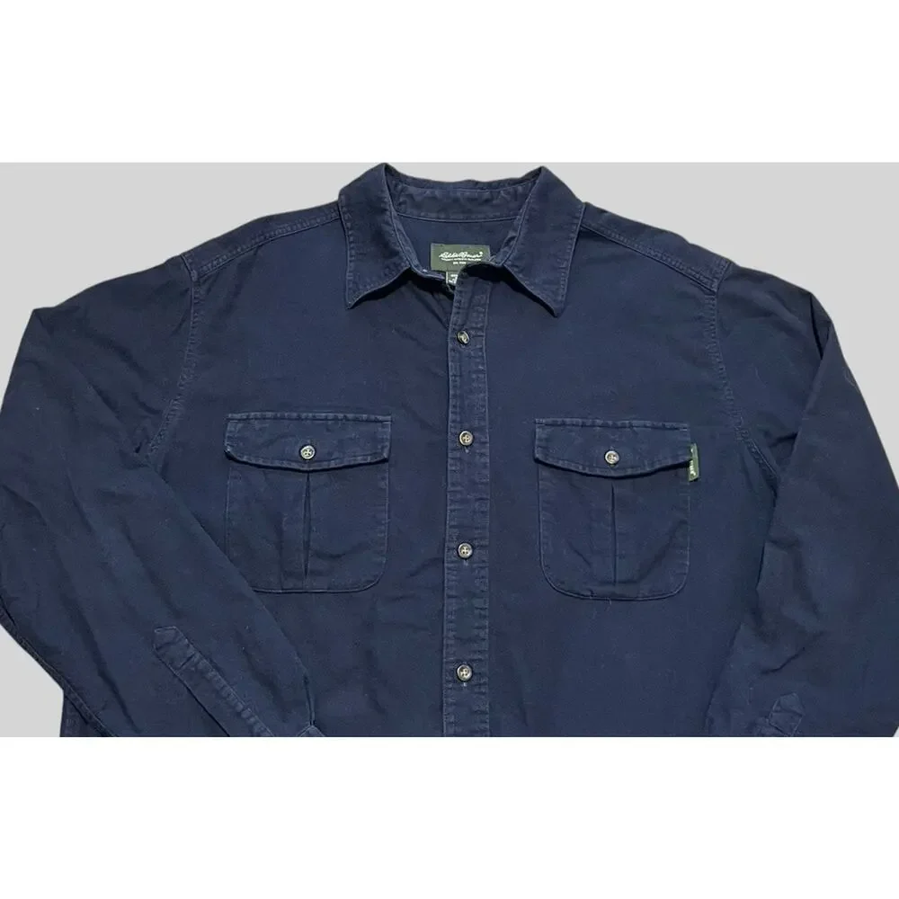 Vintage Eddie Bauer Chamois Shirt Navy Blue Long Sleeve Cotton Flannel Large